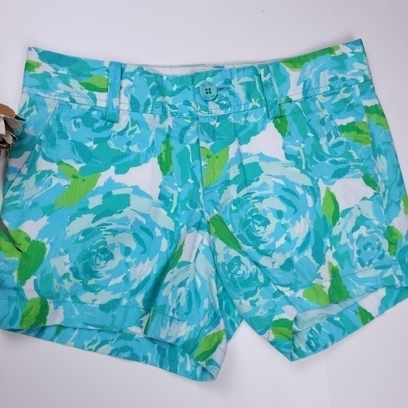 Lilly Pulitzer The Callahan Blue Lime White Floral Cotton Shorts Size 0 - Picture 15 of 16